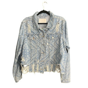 ONE5ONE Denim Jean Jacket Paisley Heavily Distressed Ripped Cropped Size 1X NWT